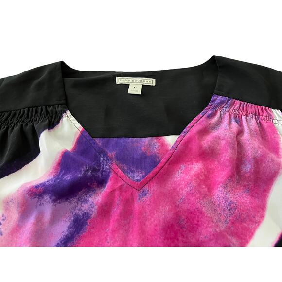 DANA BUCHMAN CAP SLEEVE, V-NECK PULL-OVER STYLE BLOUSE-WOMENS, M-BLACK PINK BLUE - Picture 2 of 10